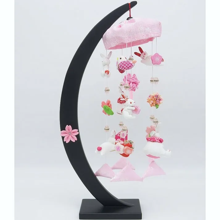 つるし雛 三日月桜ピンク うさぎ 飾台付 つり飾り